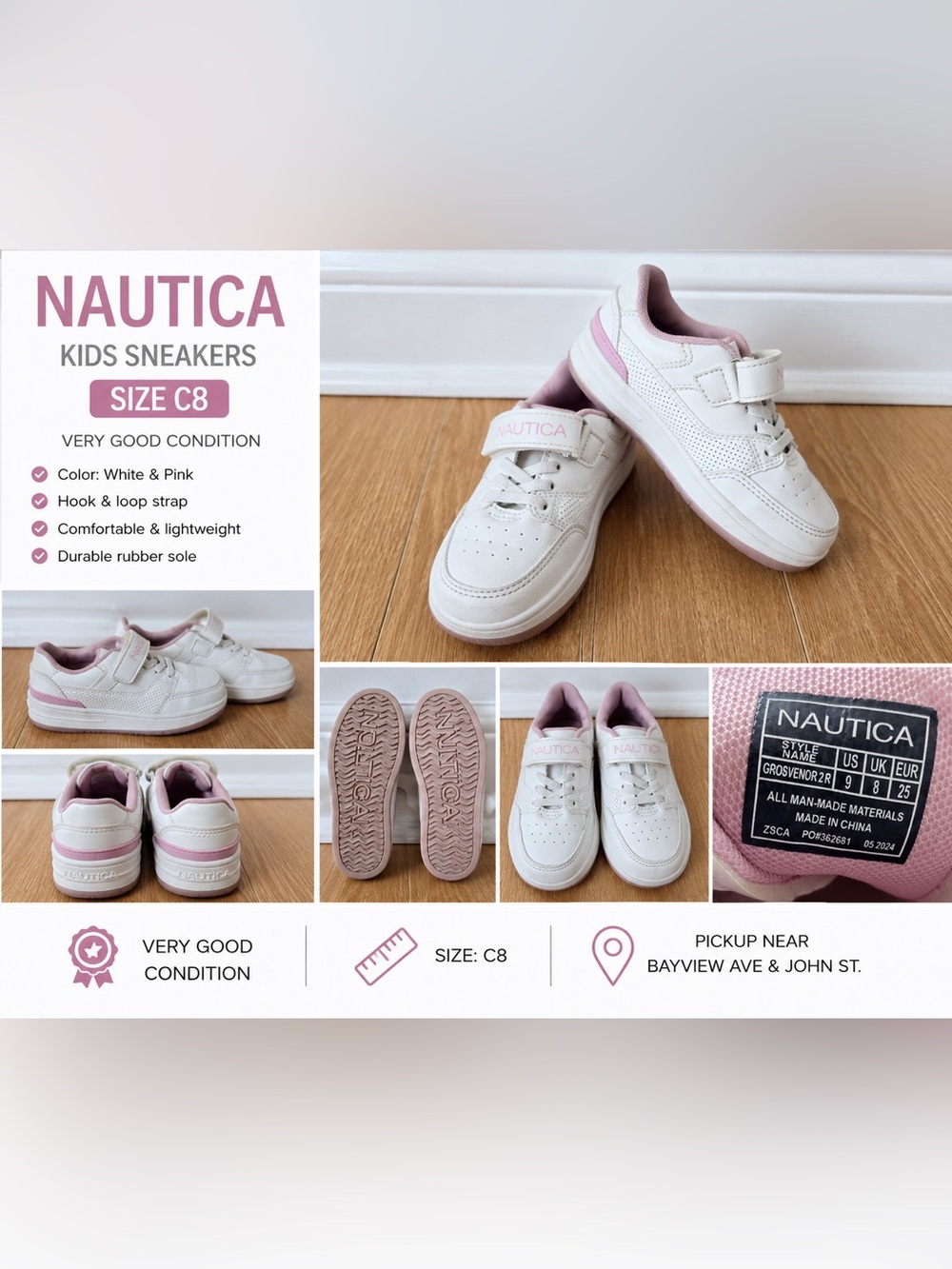 Nautica Kids White and Pink Low-Top Sneakers